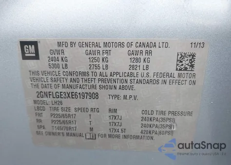 2014 Chevrolet Equinox 2Lt из США, поврежденный, VIN 2GNFLGE3XE6197908